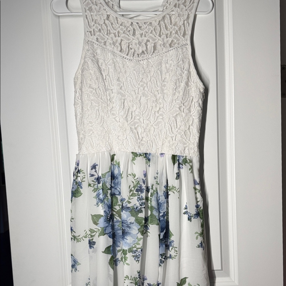 Speechless White Lace Bodice Dress with Blue and Green Floral Skirt